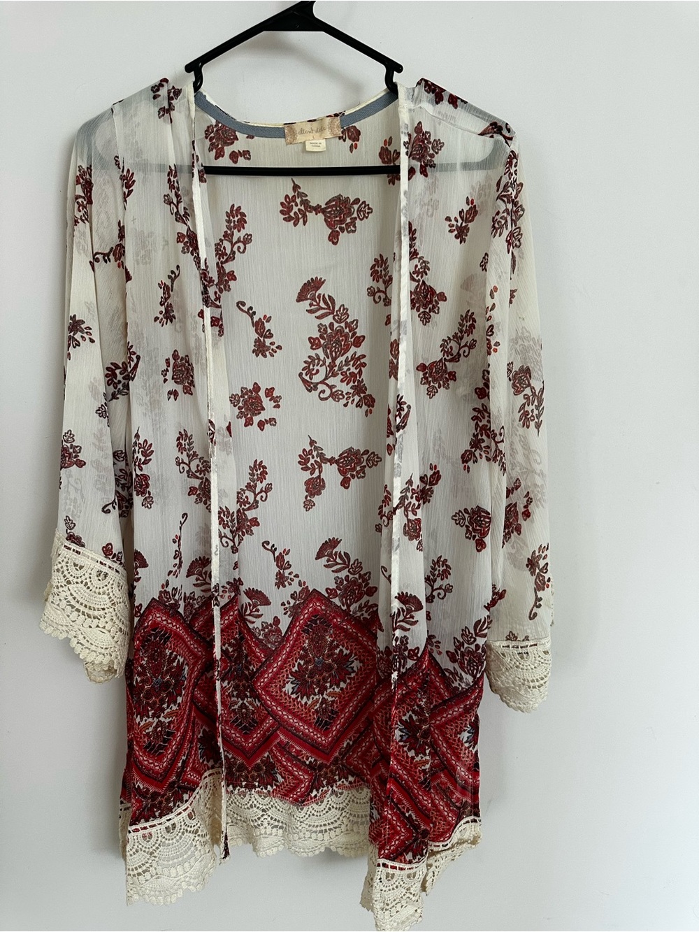 Altar’d State Sheer Floral Crochet Trim Kimono - Red on Ivory